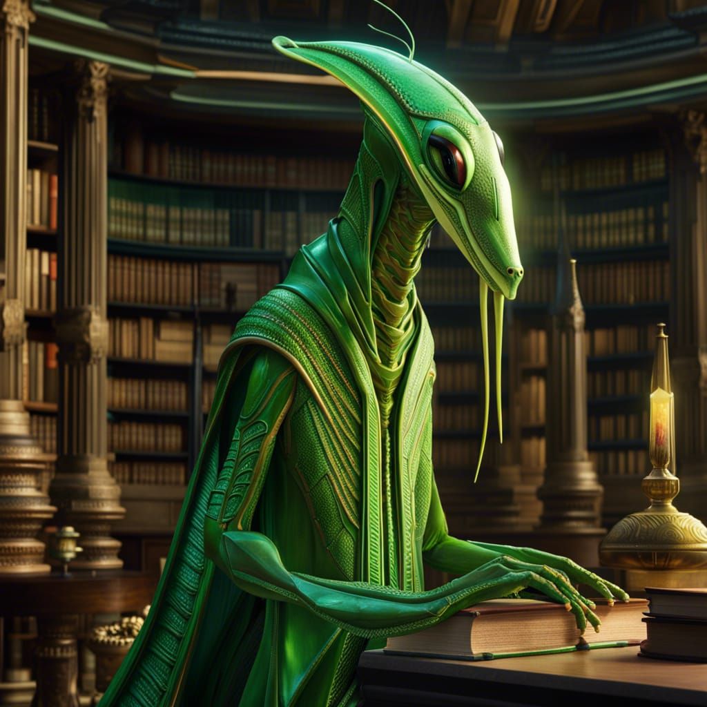 Sci-Fi Mantis Librarian in a Detailed Matte Painting