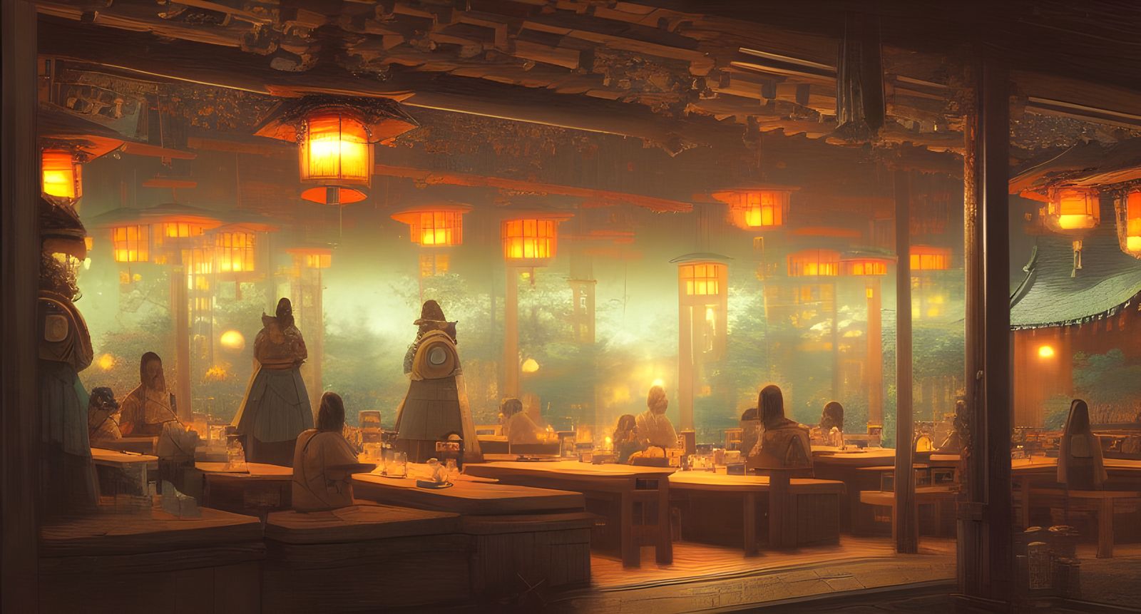 Elaborate Medieval Japanese Cafe Painting