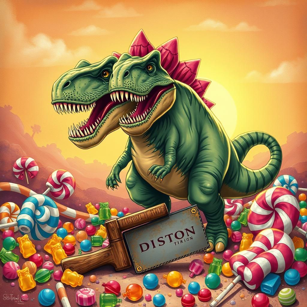 Three-Headed T-Rex in Candy Land, Whimsical Illustration