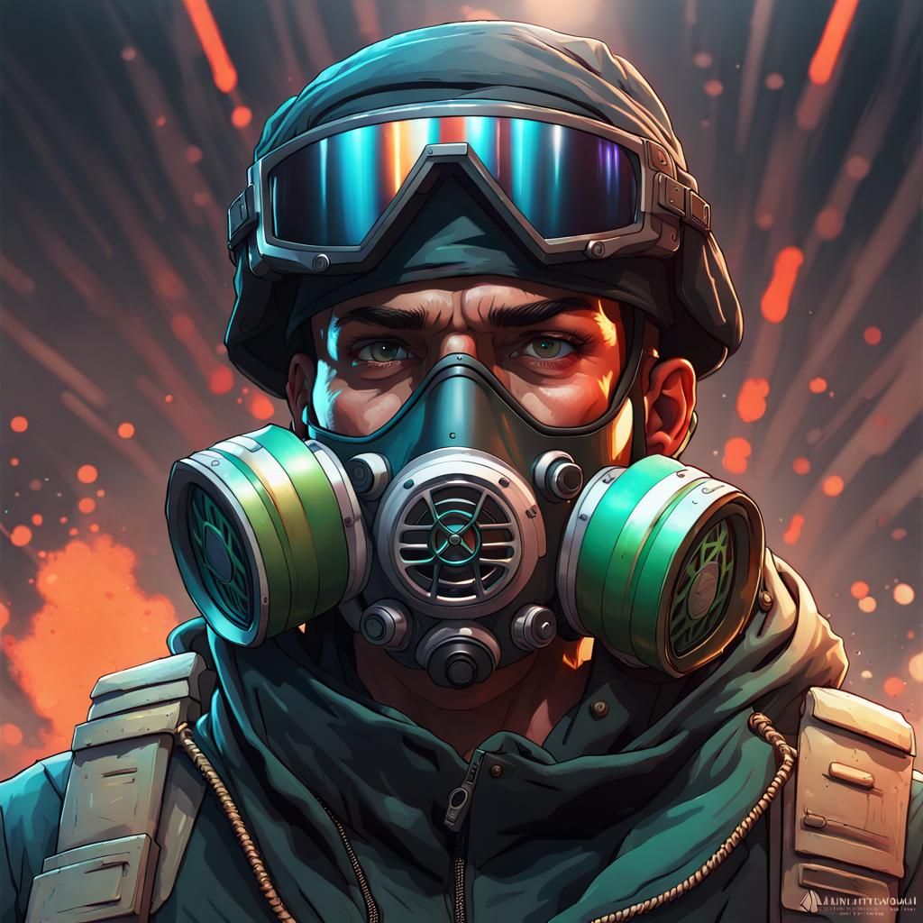 Soldier Portrait with Gas Mask in Dynamic Lighting