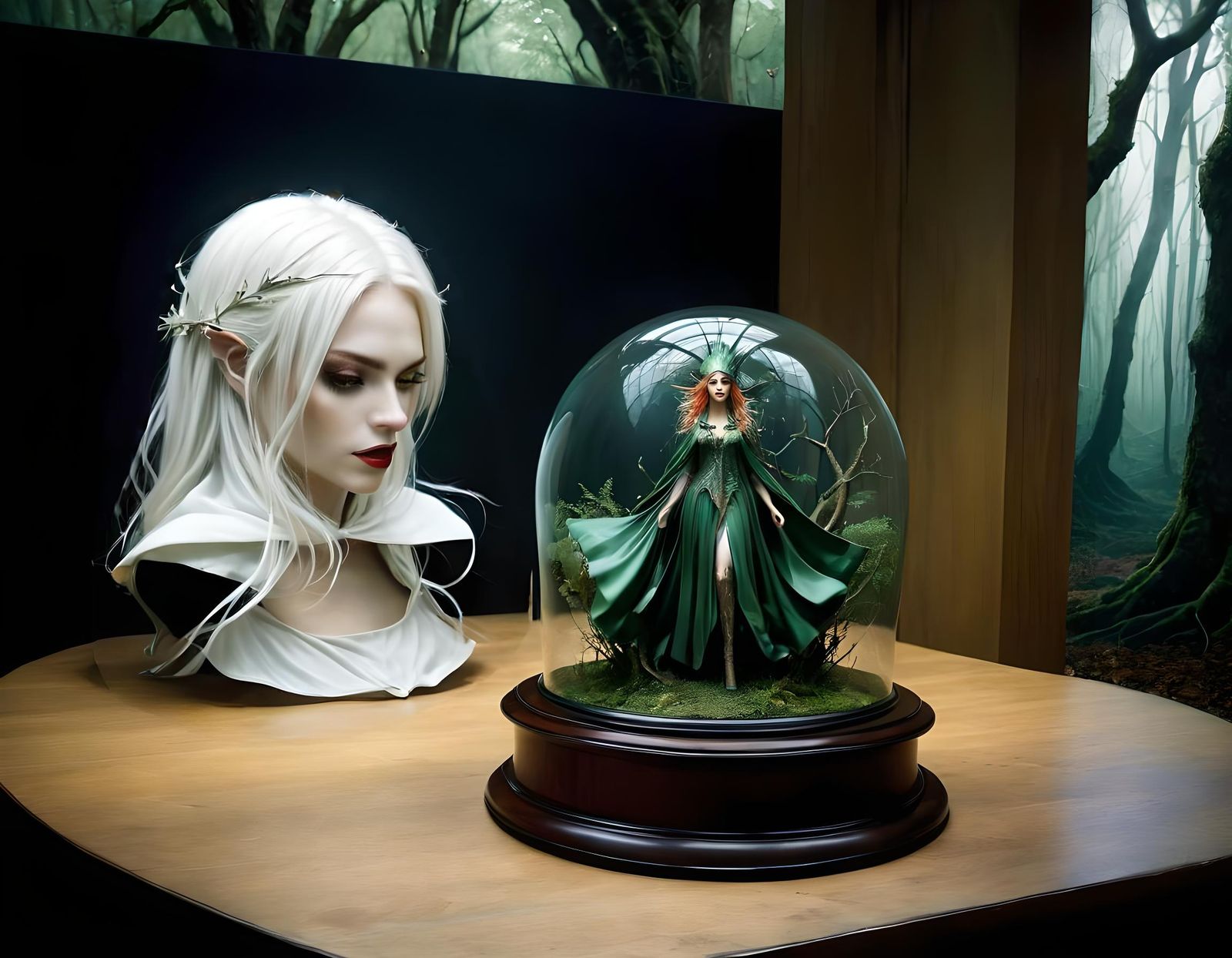 White witch,white hair,blood,Green cape,forest backdrop, mag...