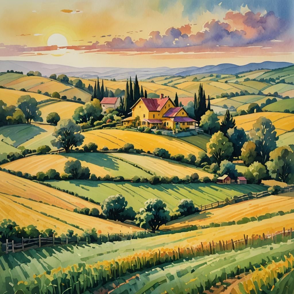 Sunrise Over Farmhouse in Impressionist Gouache Style