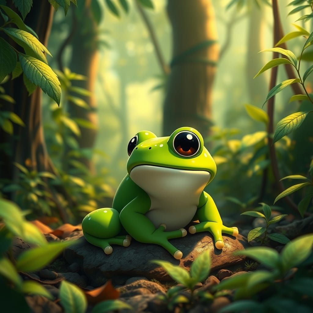 Whimsical Forest Frog in Studio Ghibli Style