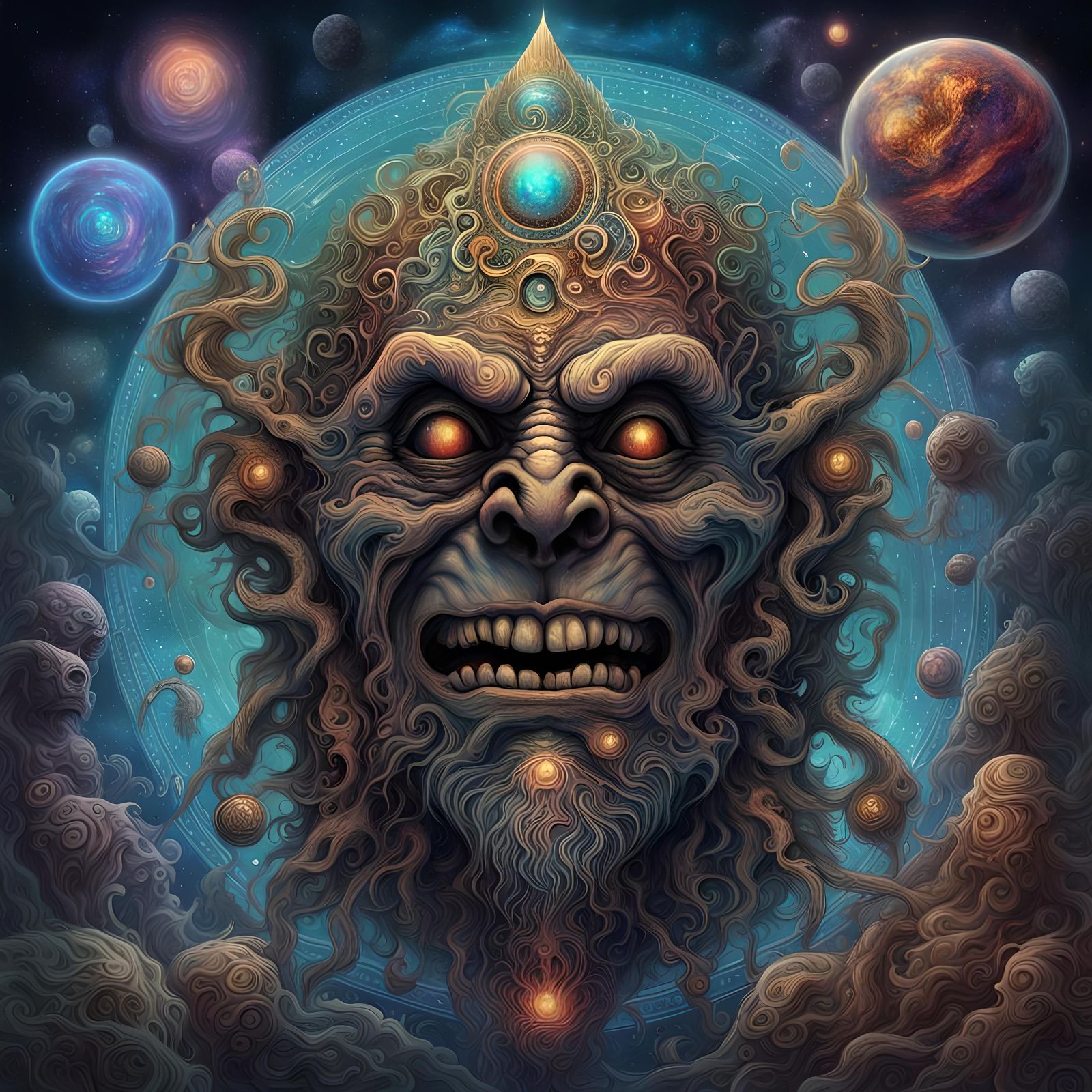 Sinister Cosmic Troll Face Illustration in Holographic Style