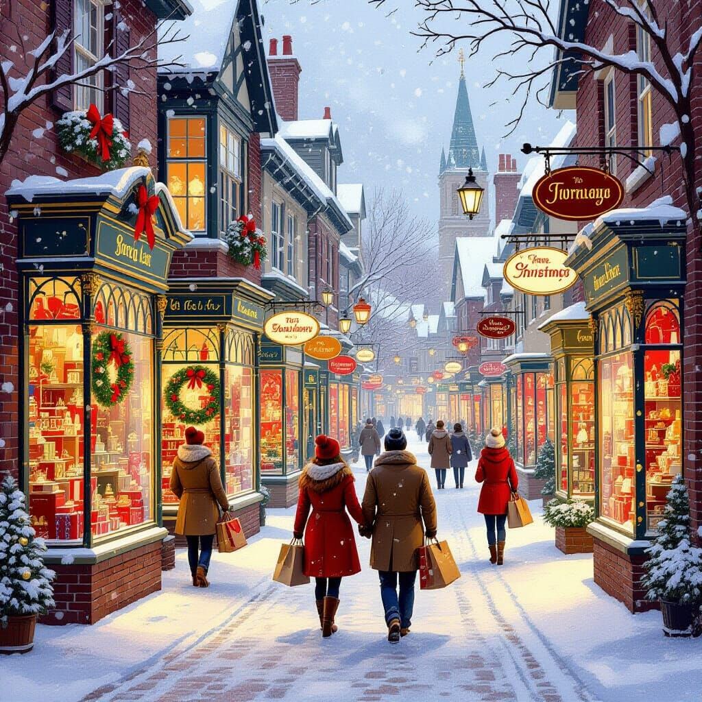Whimsical Christmas Street Scene with Snowfall