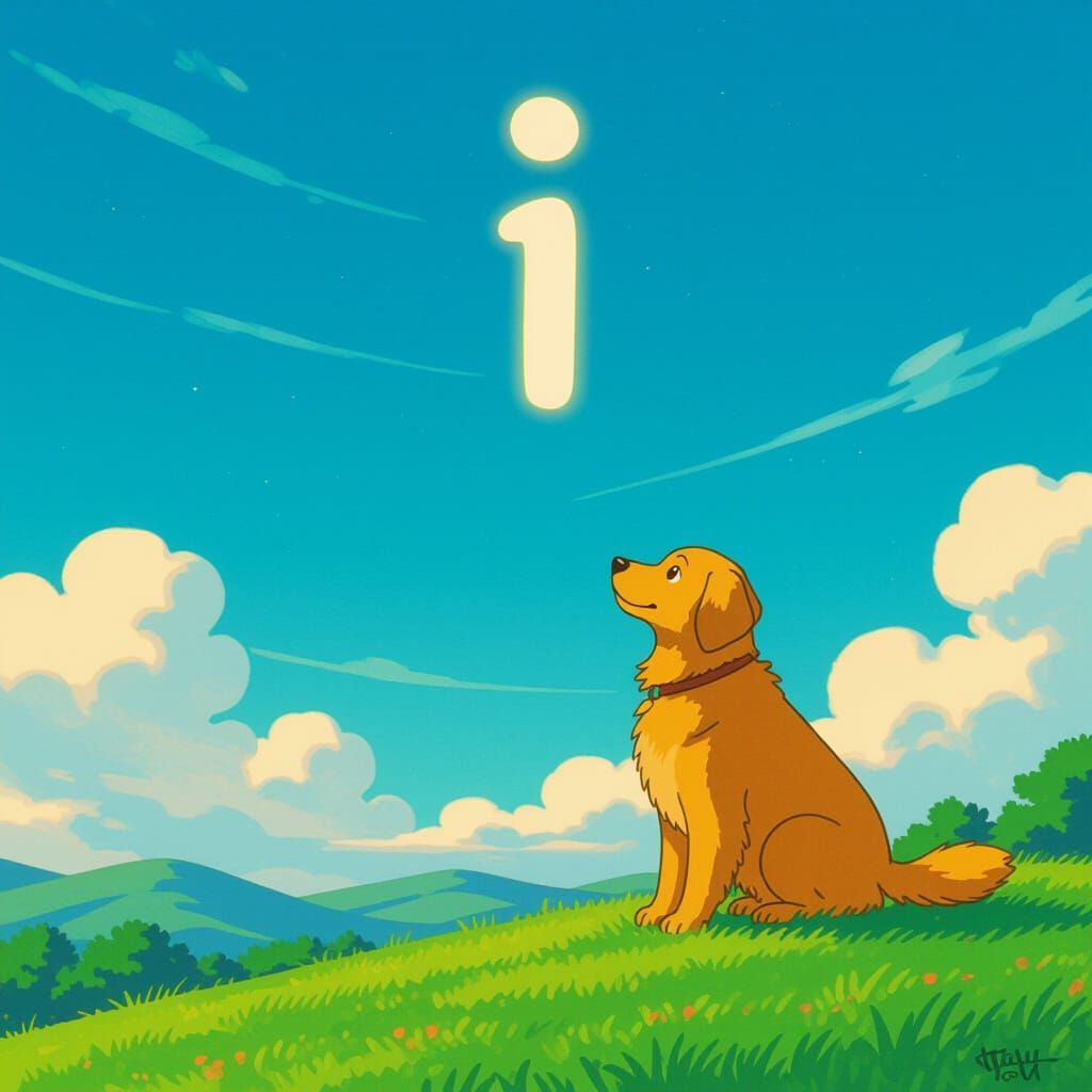 Golden Retriever Gazes at Floating Number i in Ghibli-Inspir...