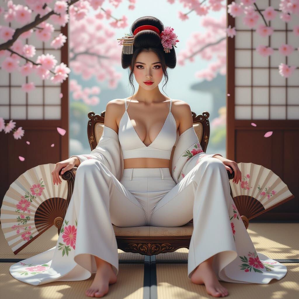 Geisha in White Jeans with Cherry Blossoms