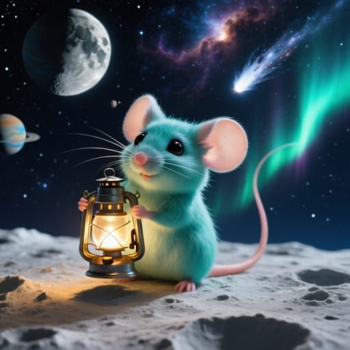 Aqua Chibi Mouse on Moon with Glowing Lantern