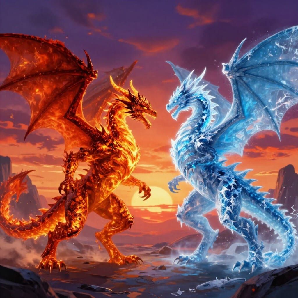 Fire Dragon Battles Ice Dragon Under Epic Sunset