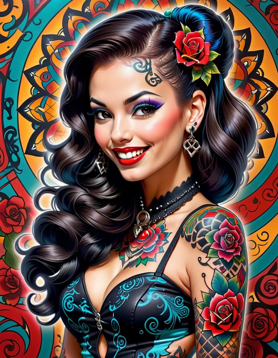 Brunette Latina Pin-Up with Intricate Full-Body Tattoo