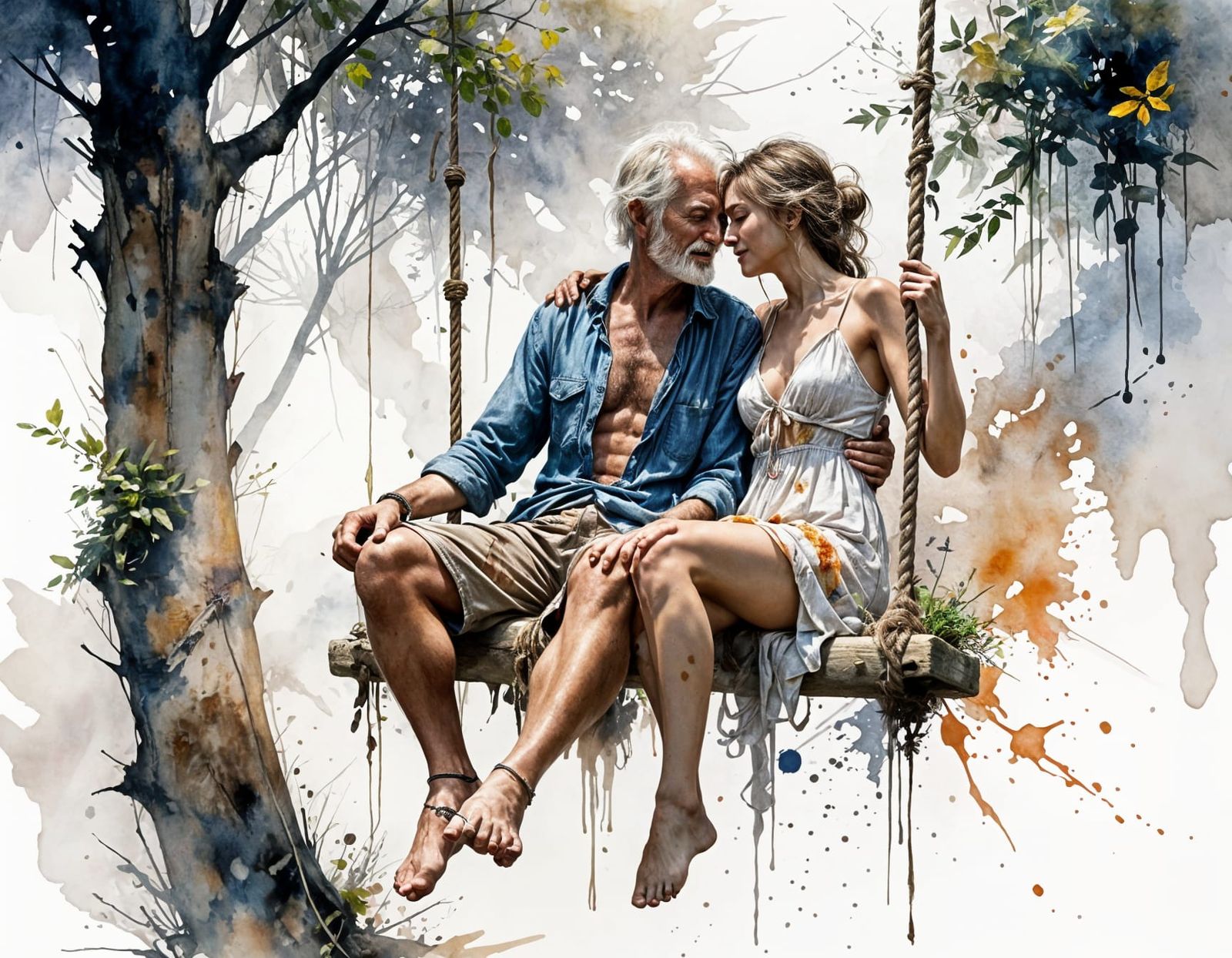Hippie Couple Hugging on Rope Swing in Watercolor Style