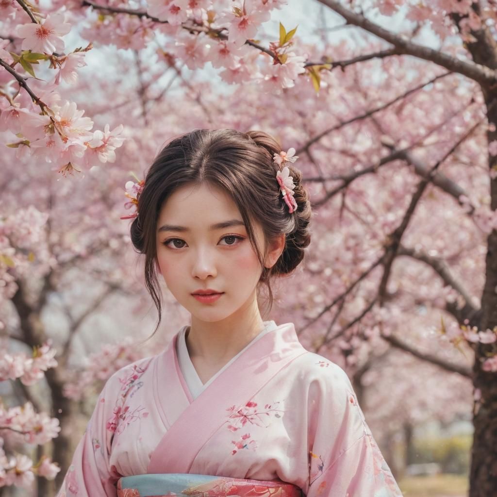 Elegant Maiden Under Cherry Blossoms in Soft Focus