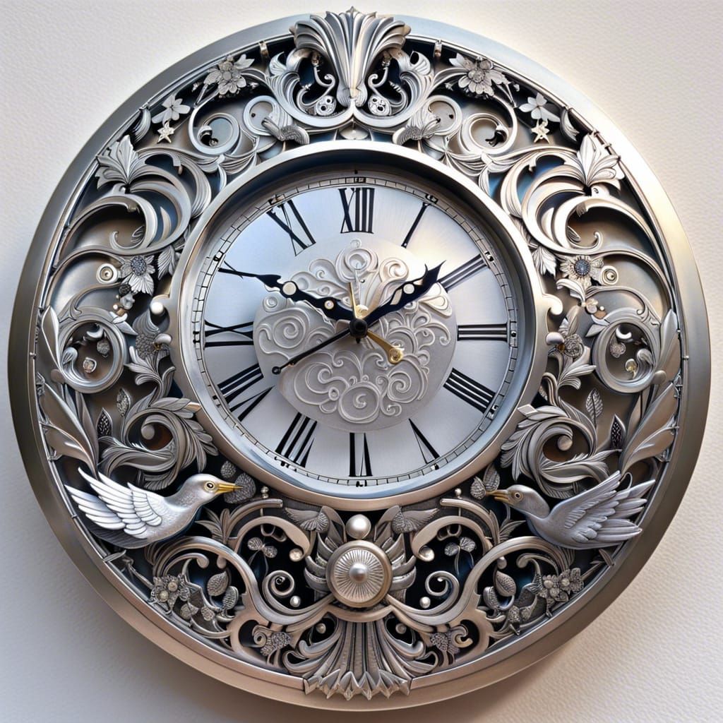 Clockpunk Silver Clock with Birds and Celestial Elements
