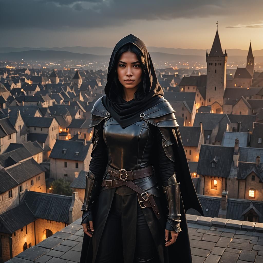 Rooftop Rogue in Medieval Village at Night