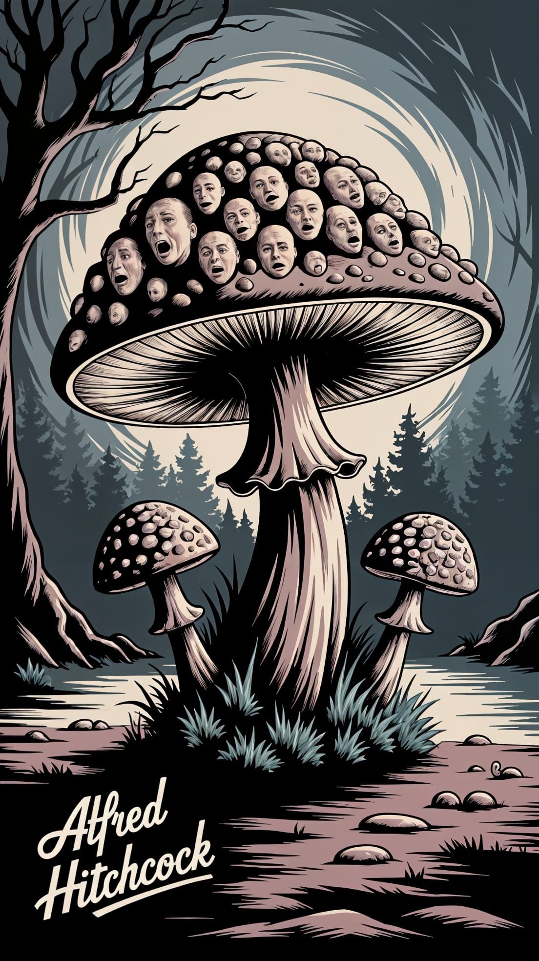 Menacing Mushroom with Faces in Film Noir Style