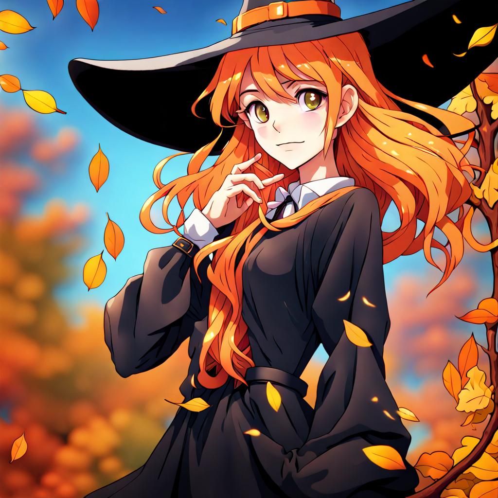 Anime Witch with Orange Hair and Autumn Backdrop