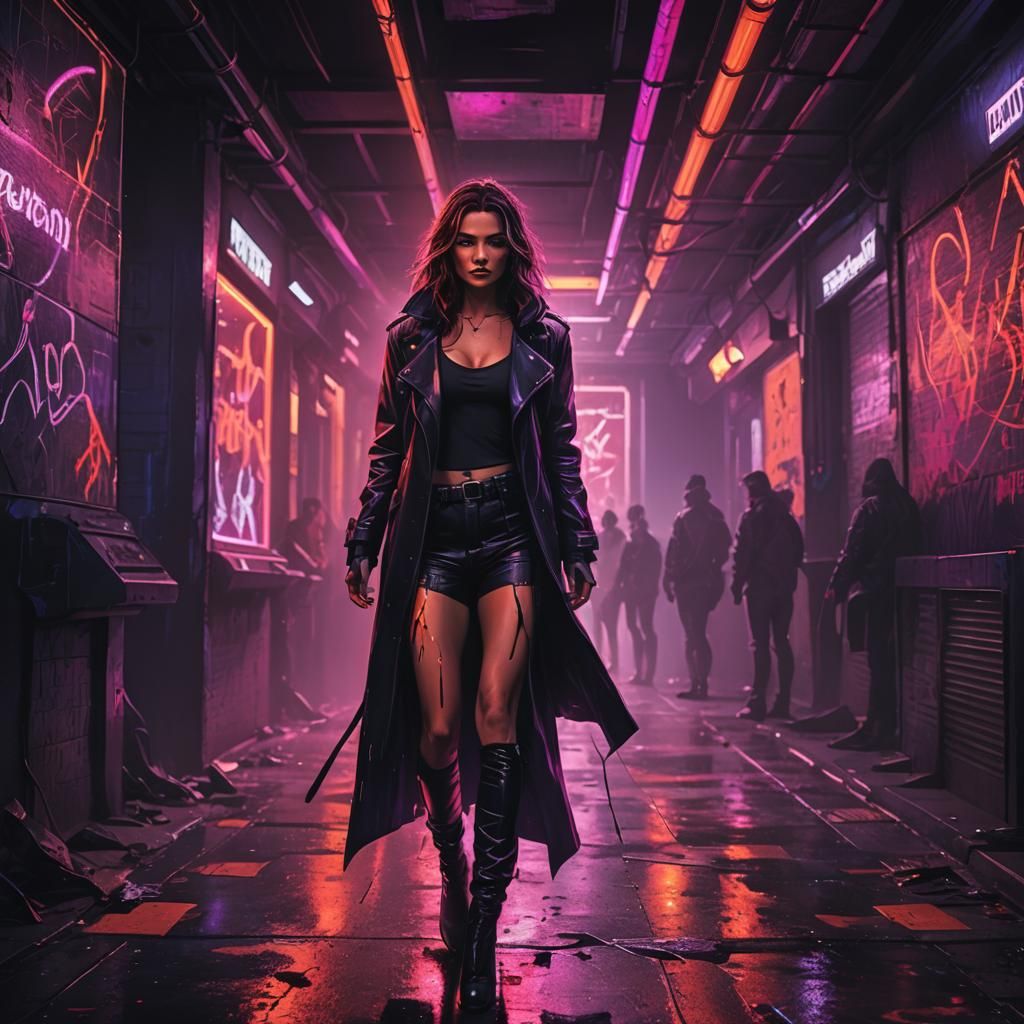 Neon-Noir Supermodel Assassin in Cyberpunk Style