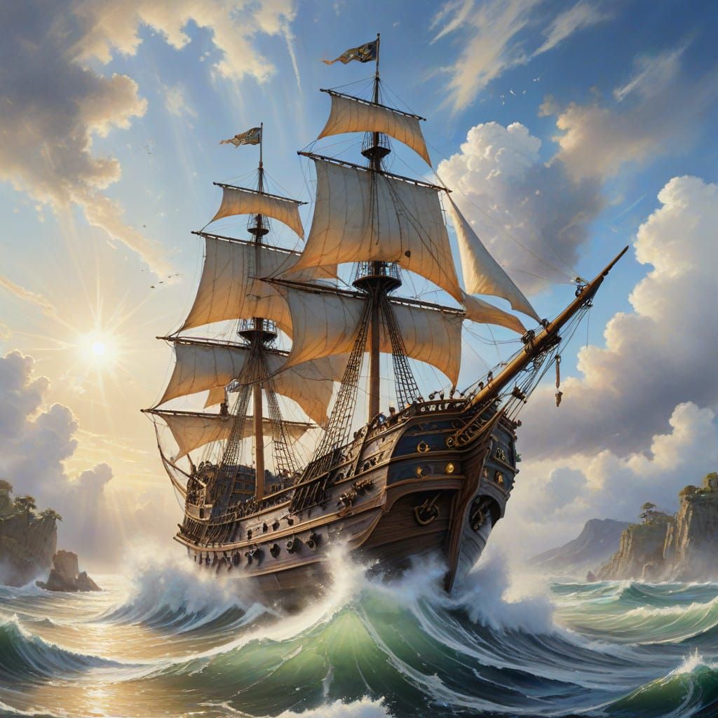 Pirate Ship Soars Through Dreamlike Sky