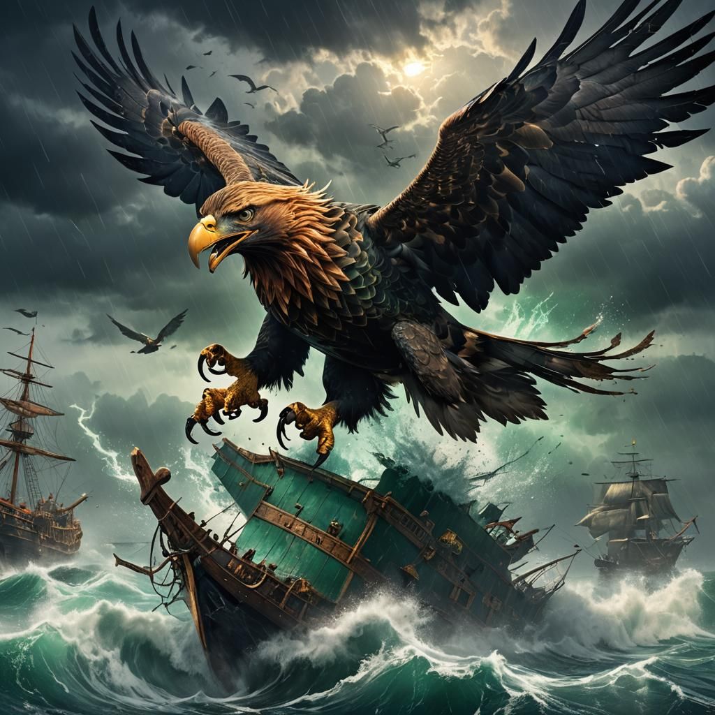 Giant Eagle Attacks Pirates in Fantasy Art