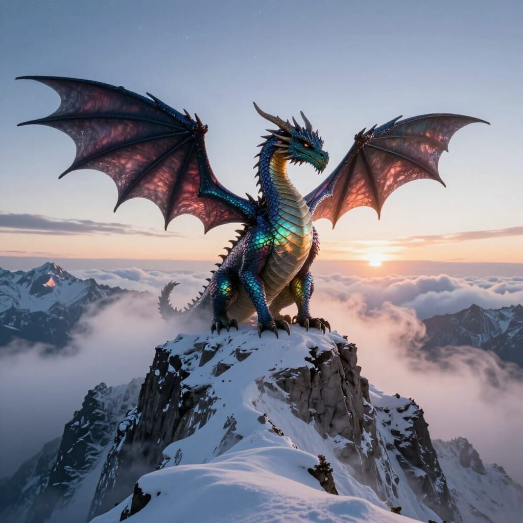 Majestic Dragon on Mountain Peak at Dawn