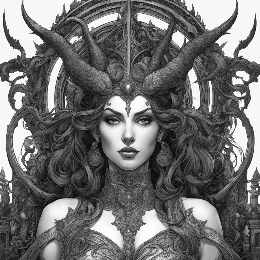 Female Satan in Black and White Ink Drawing
