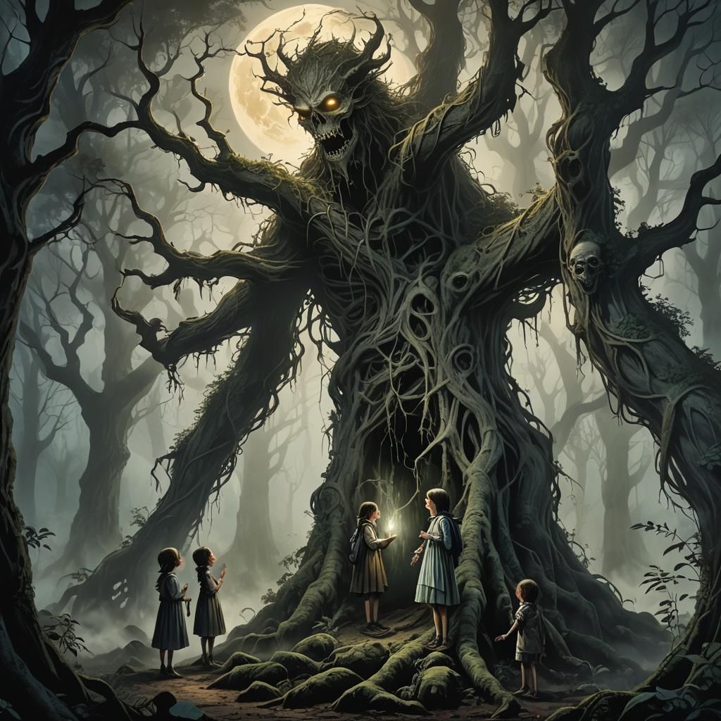 Children Hiding from a Demon in Mystical Forest