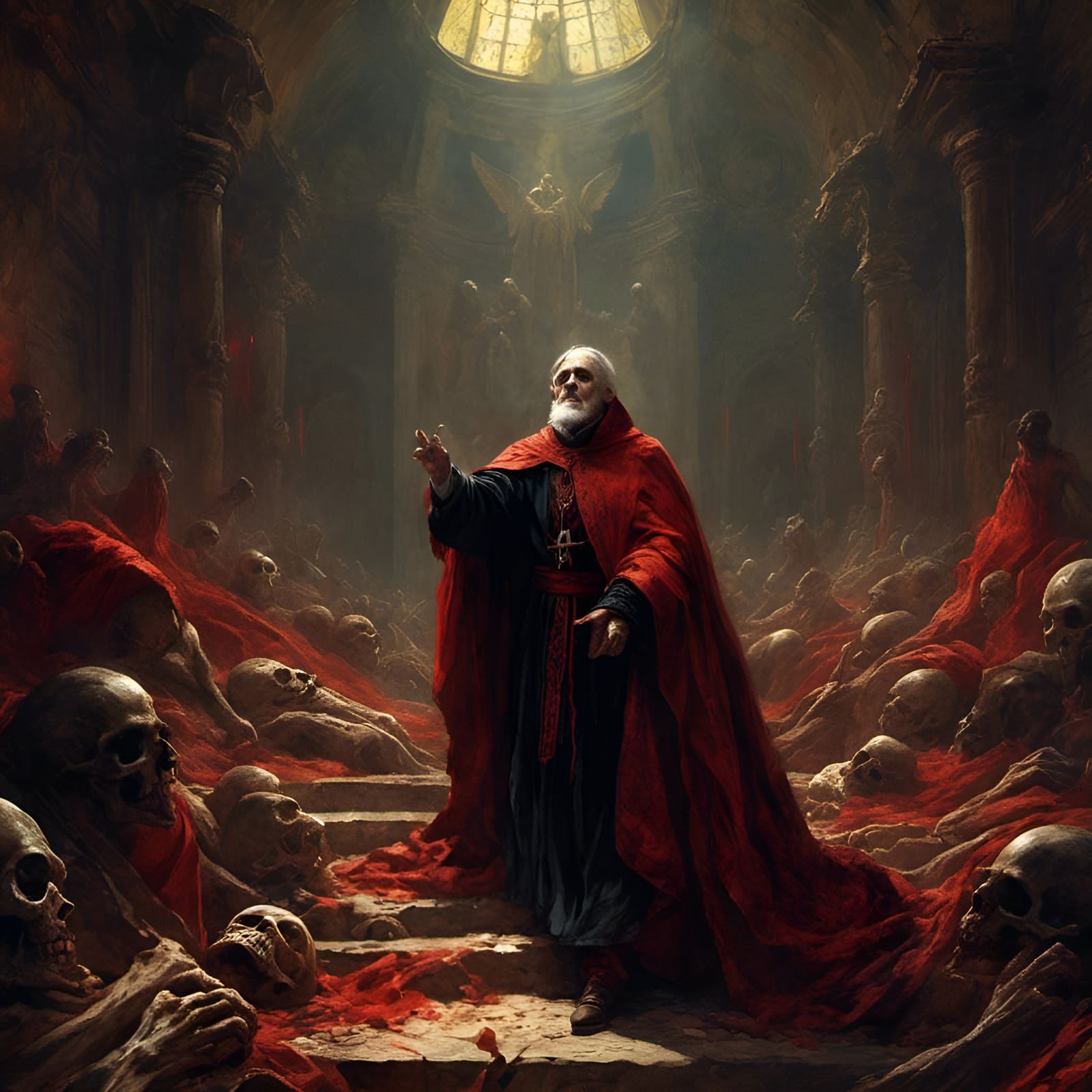 Pope in Coffin in Ruined Church Illustration