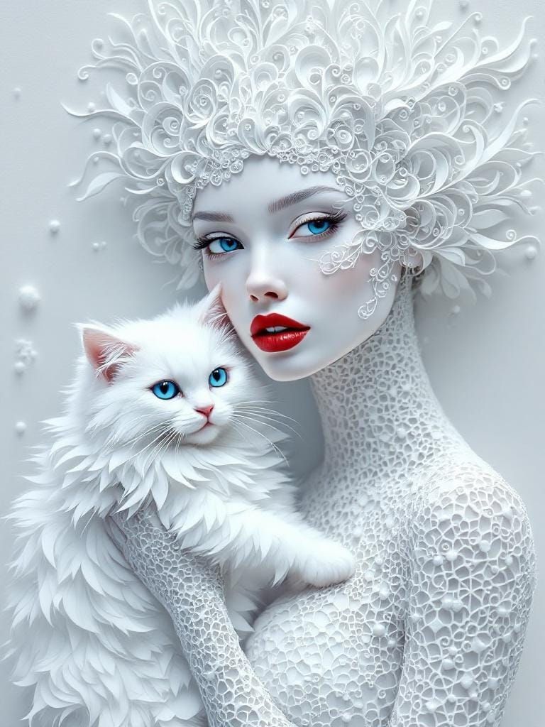 Monochromatic Papercraft Woman with Cat in Quilling Style