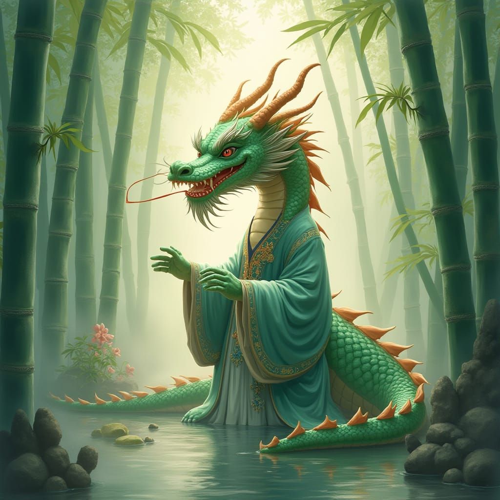 Dragon in Bamboo Forest, Chinese Painting Style