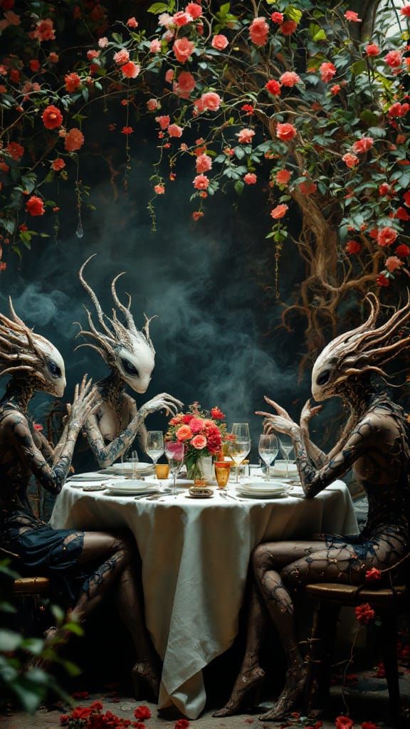 Surreal Restaurant Scene with Aliens and Humans