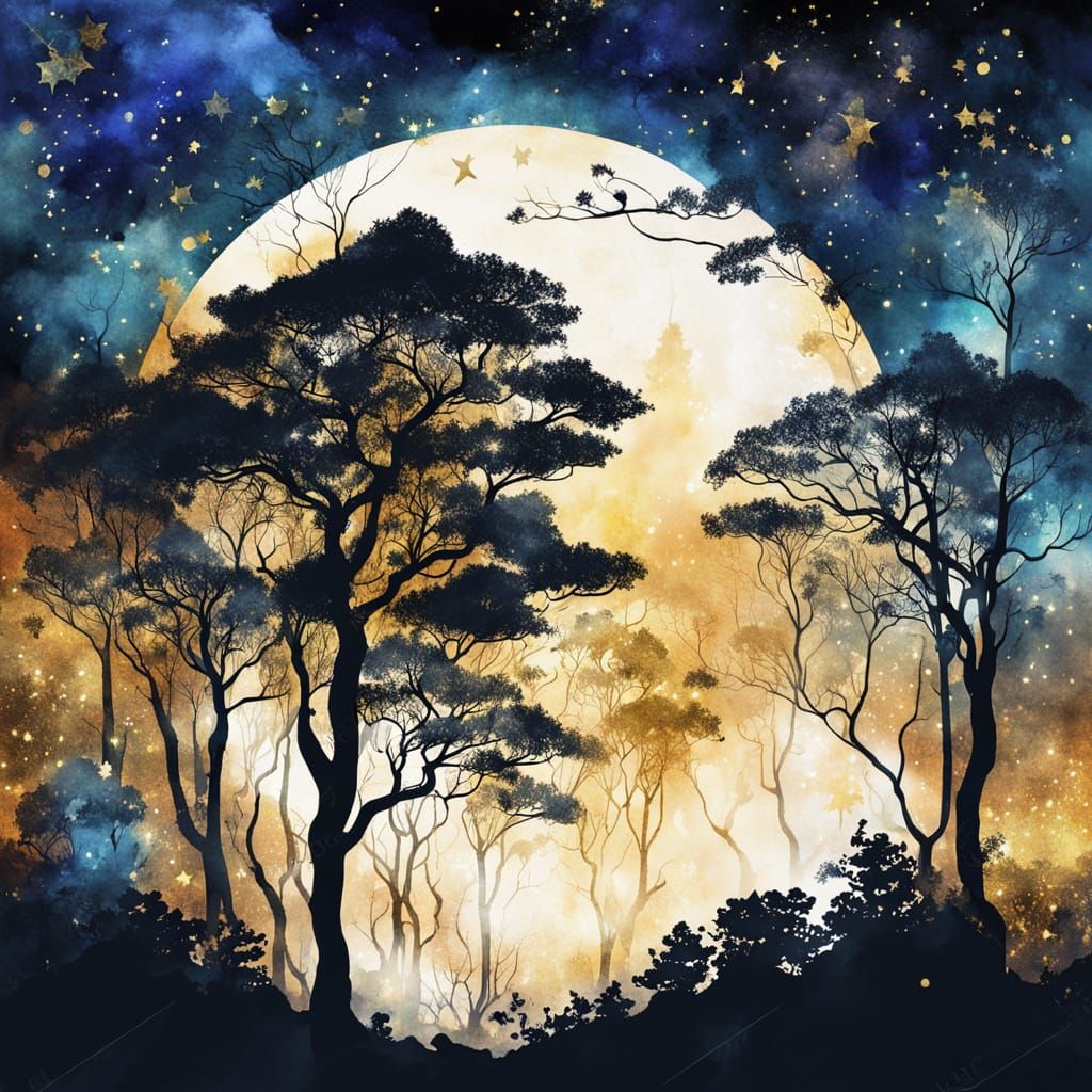 Starry Forest Silhouette in Moonlight, Chinese Watercolor St...