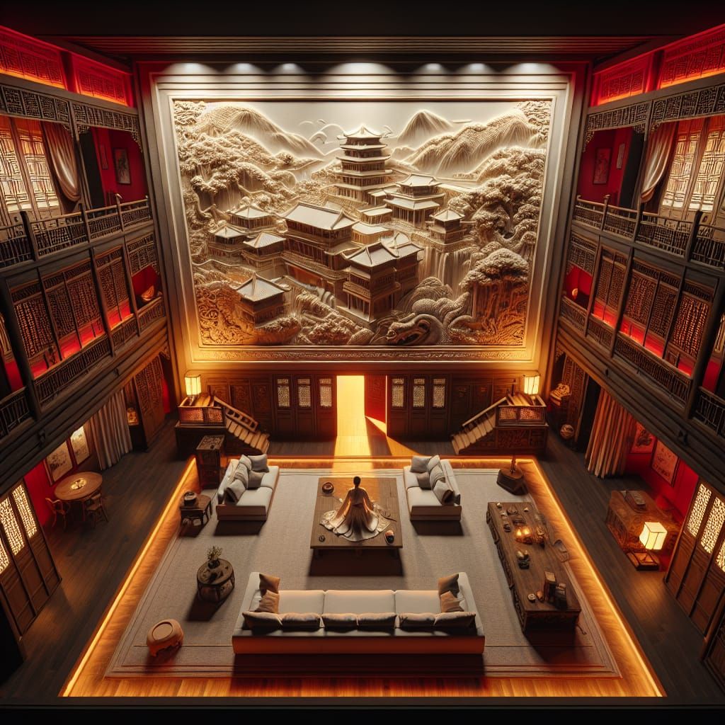 Chinese High School Living Room with 3D Landscape