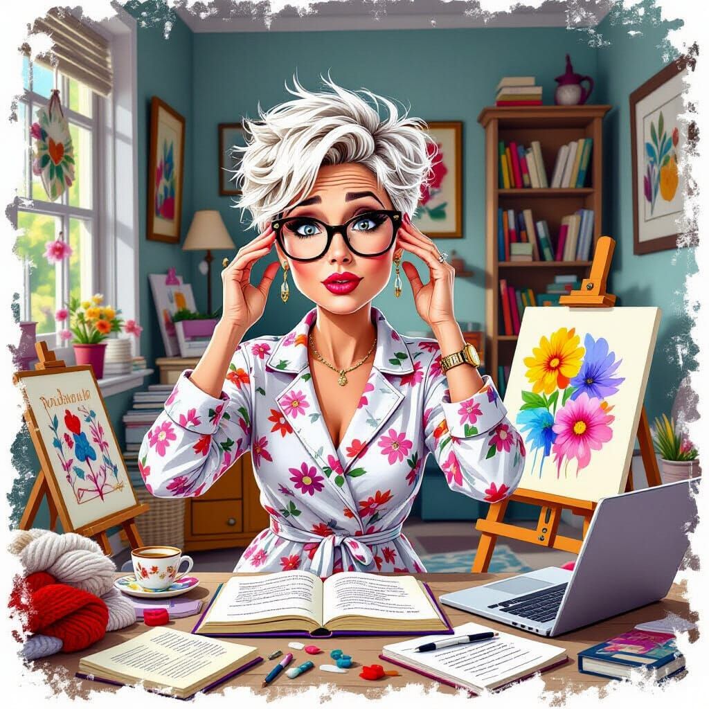 Woman Overwhelmed by Projects in Grotesque Caricature