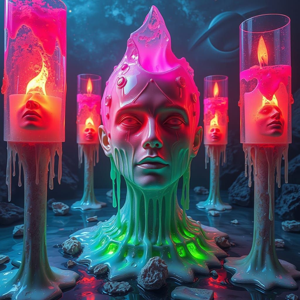 Ethereal Being with Floating Faces in Surreal Style