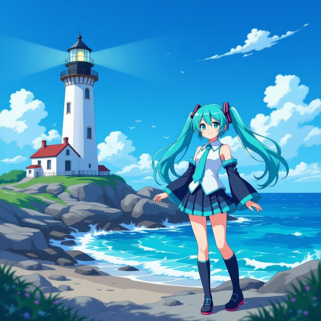 Hatsune Miku Poses at Rocky Shore Lighthouse