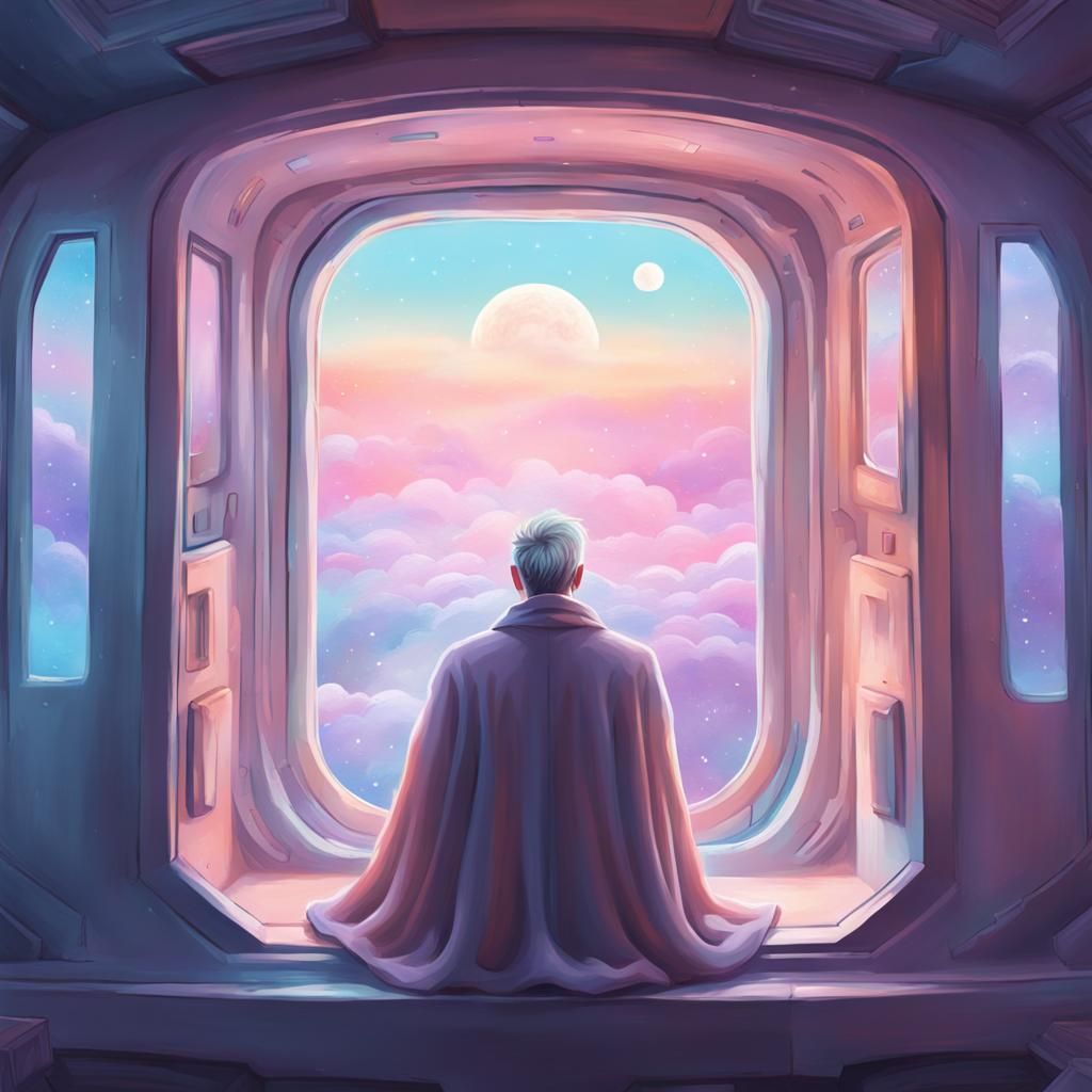 Pastel Man in Spaceship: Detailed Matte Painting