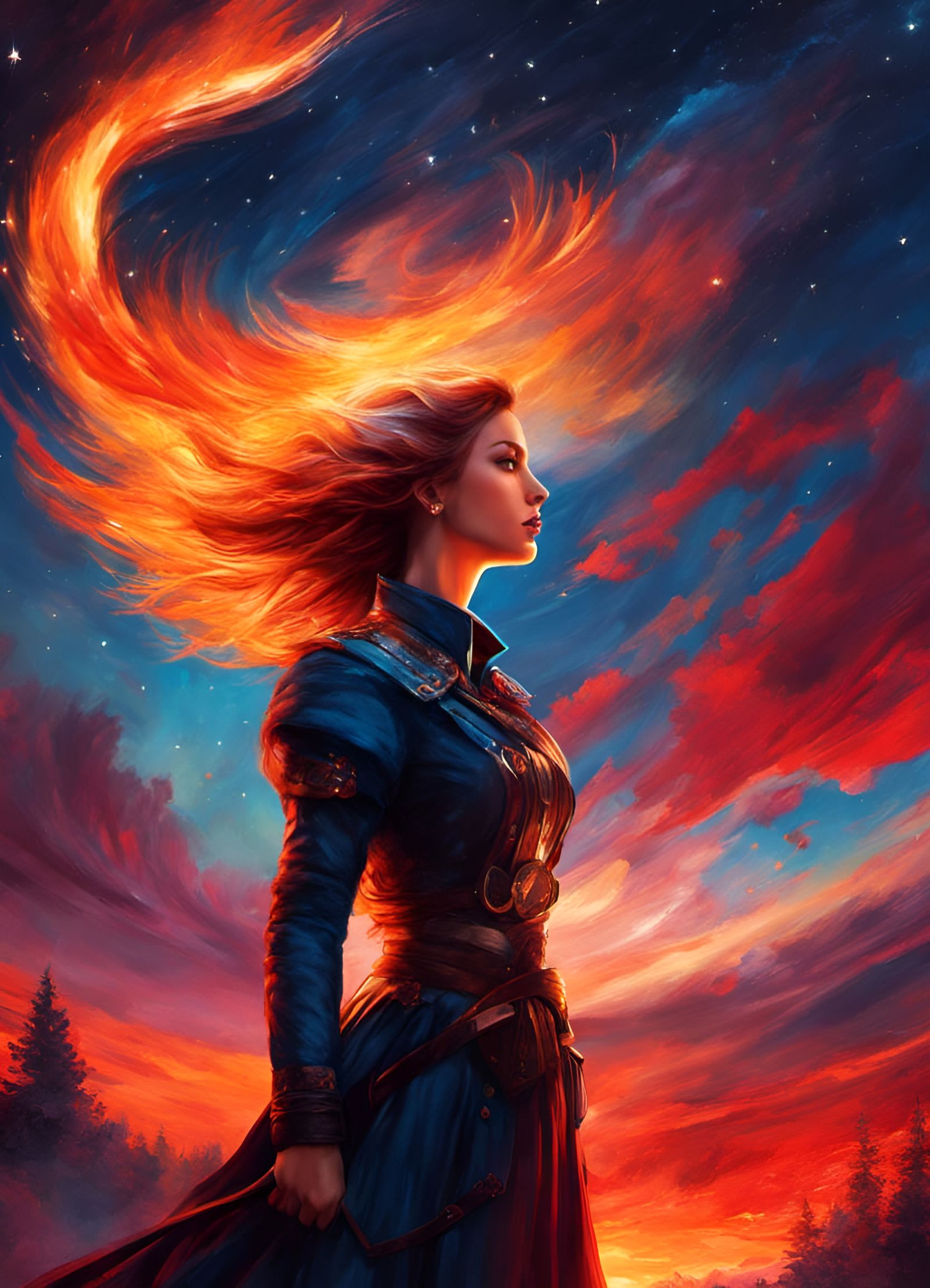 Heroine Controls Fire in Impressionistic Starry Sky