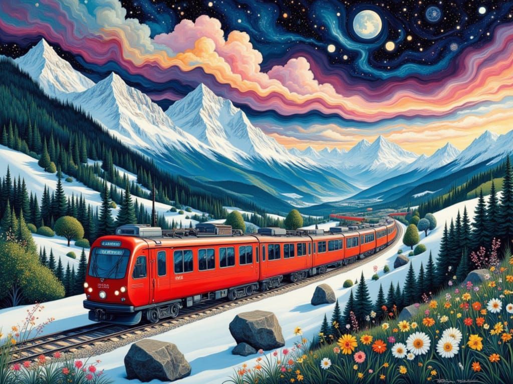 Whimsical Swiss Train in Cosmic Mountain Landscape