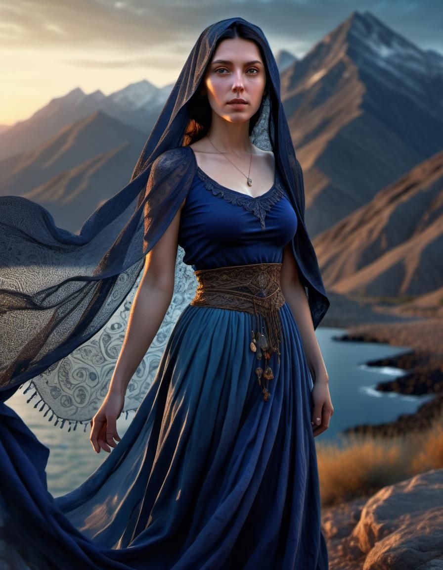 Renaissance Woman in Sunset Landscape, HDR