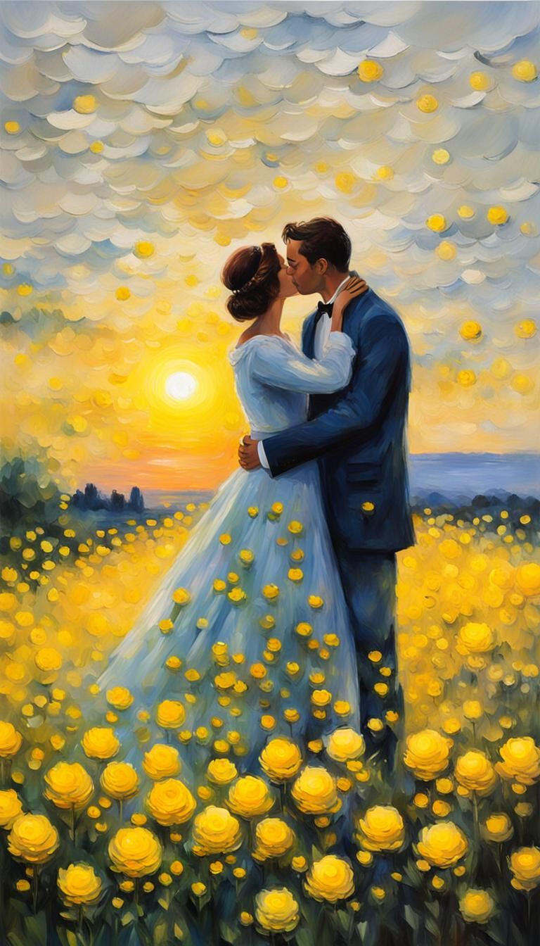 Impressionist Sunset Landscape with Kissing Couple