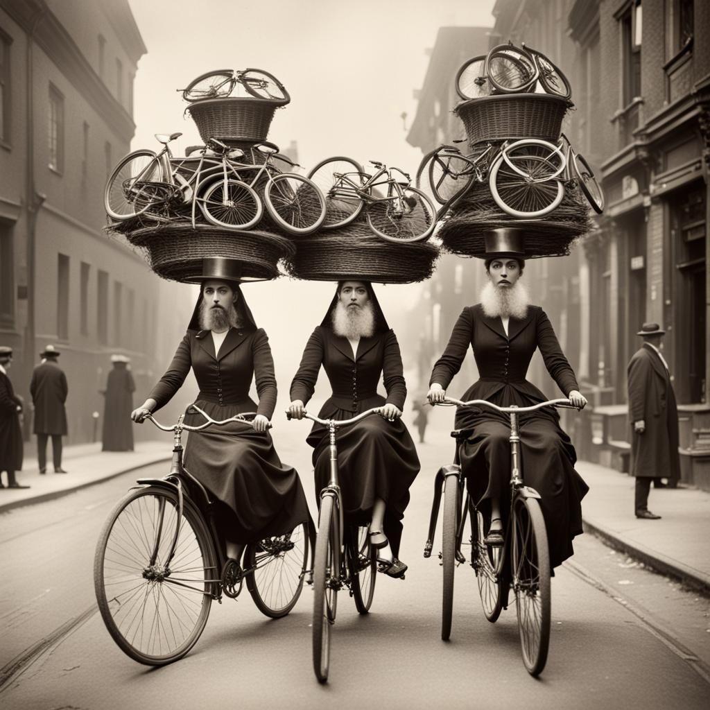Surreal Bearded Ladies Bicycle Headwear: Photorealistic 1900...