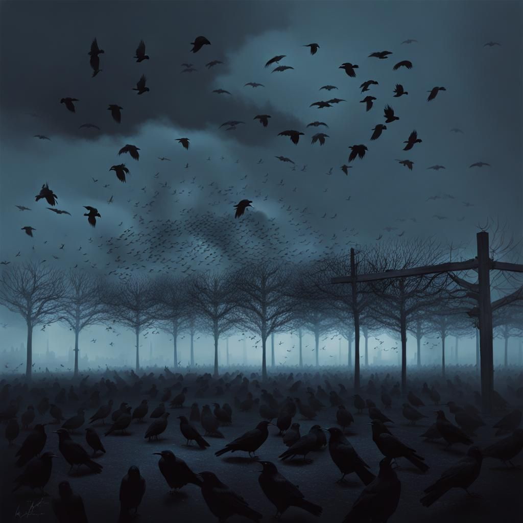 Ravens in Dark Room, Gothic Sci-Fi Art