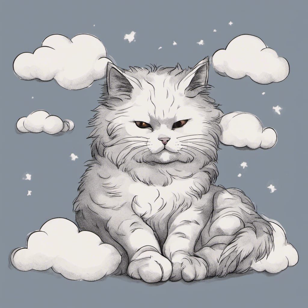 Fluffy Cat Sleeping on Clouds