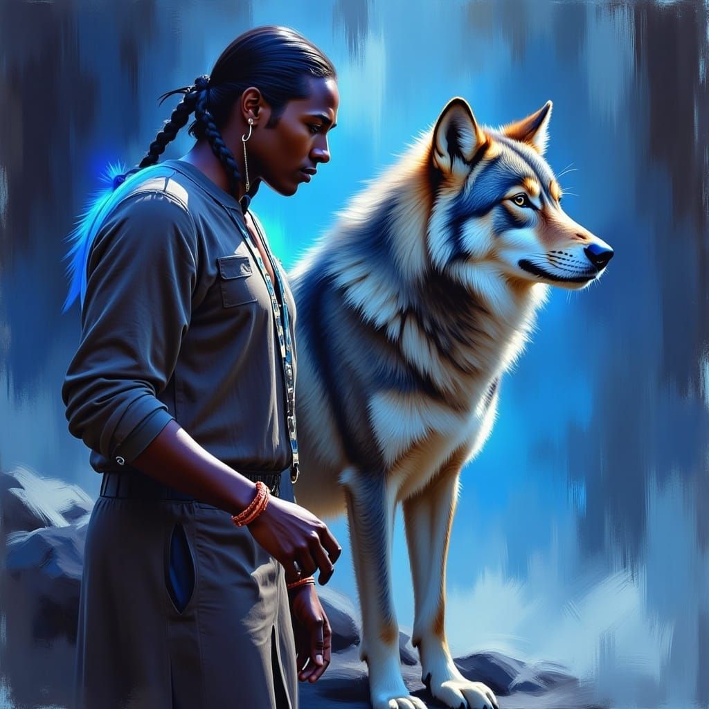 Native American Brave and Wolf Companion with Runes