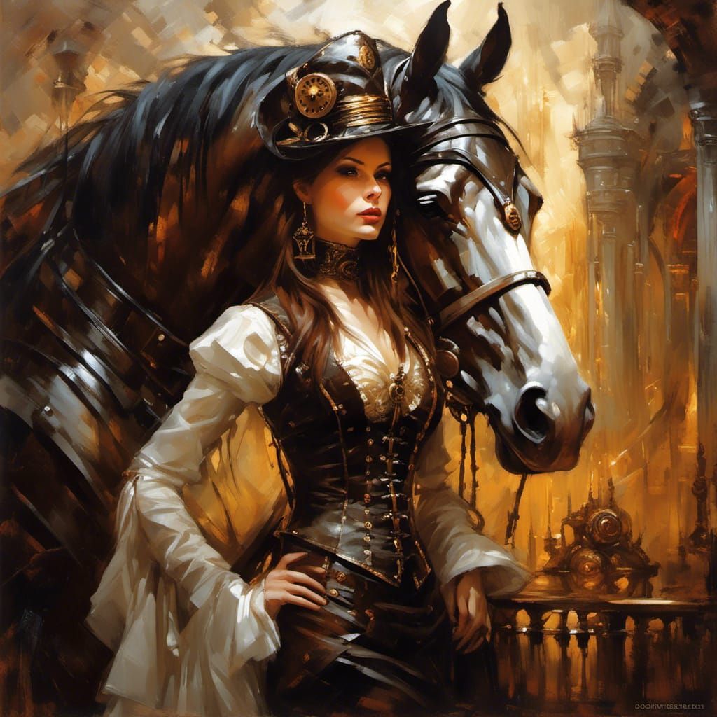 Steampunk Woman on Horse in Hyperrealistic Oil Painting