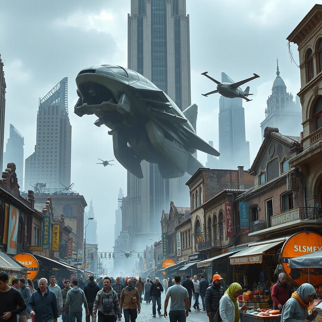 Futuristic City Marketplace with Alien Creatures