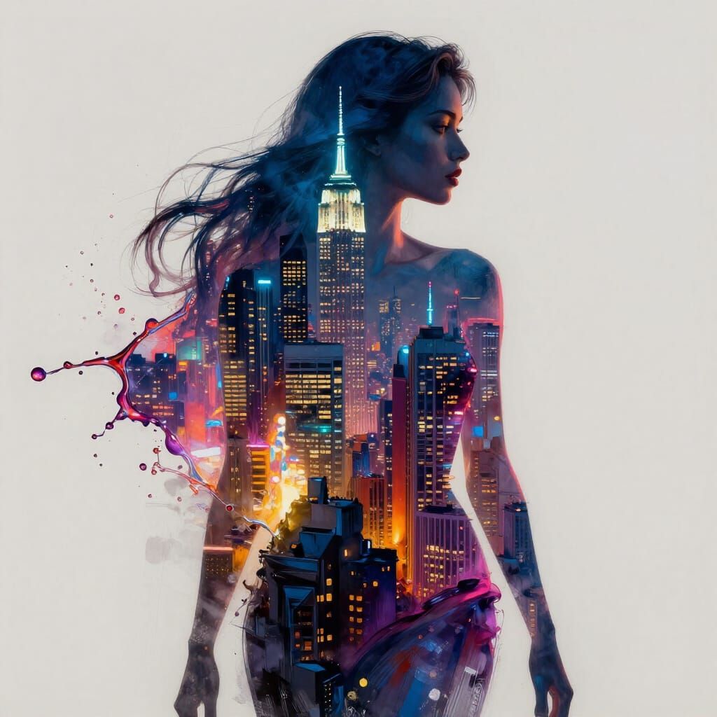 Female Silhouette Holds Vibrant Cityscape, Hyperrealistic Sp...