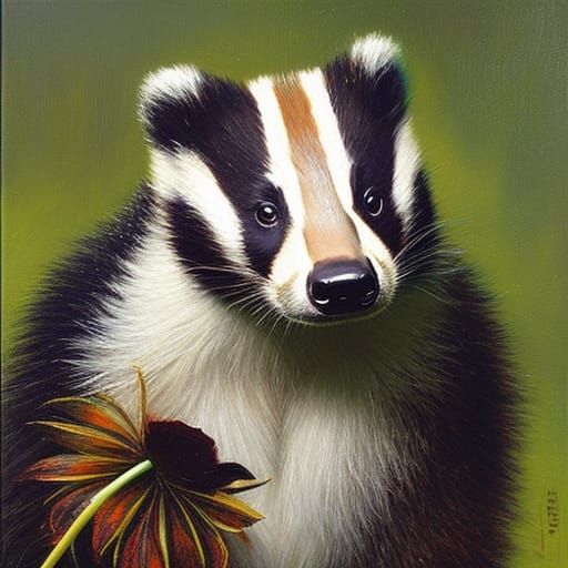 Cute badger by a flower