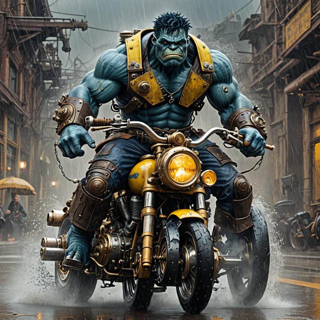 Steampunk Blue Hulk Rides Yellow Motorcycle