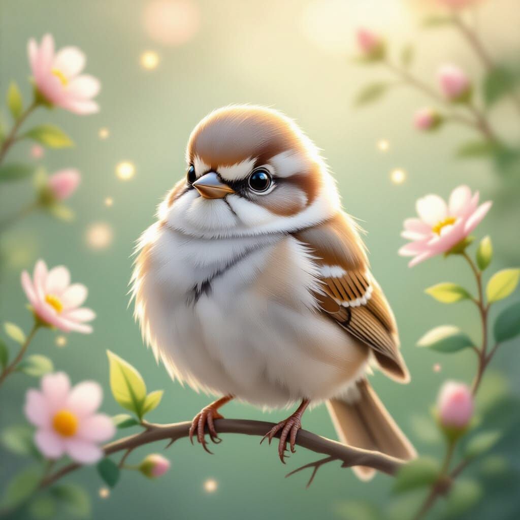 Cute Sparrow in Dreamy Fairytale Garden